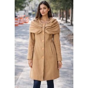 Rinascimento Women's Camel Wool Blend Bow Collar Coat Size S Made in Italy